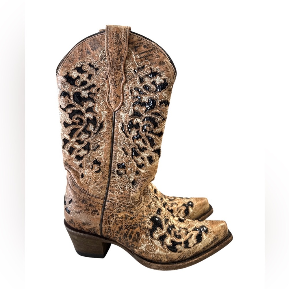 Corral Teens Brown and Black Leather & Sequin Western Boots Size 2.5